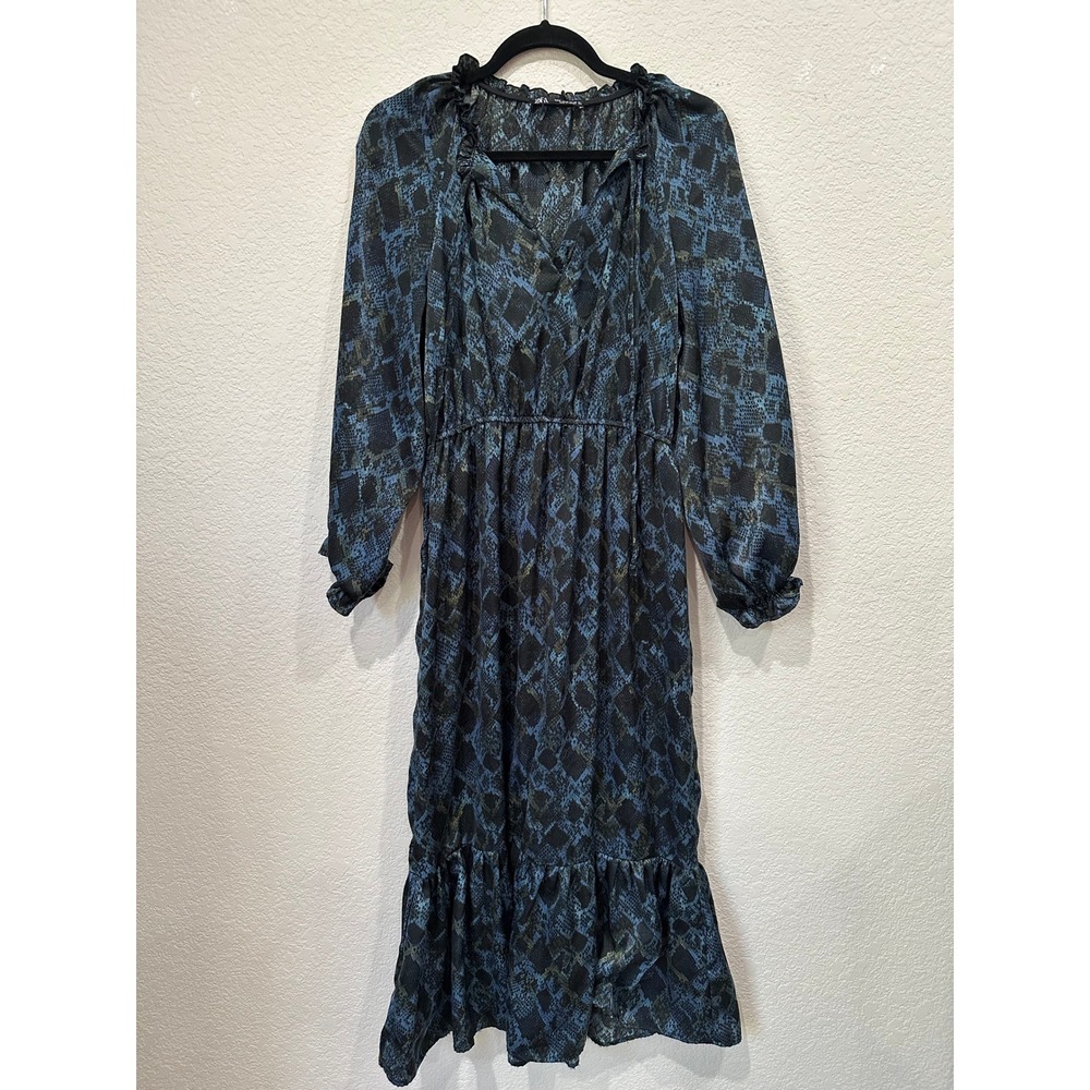 Zara Blue Snakeskin Print Midi Dress Ruffle Neck Long Sleeve Medium No Belt